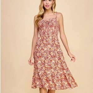 NEW! Cute Smocked Bodice Tie Front Boho Red Floral Spaghetti Strap Slip Dress